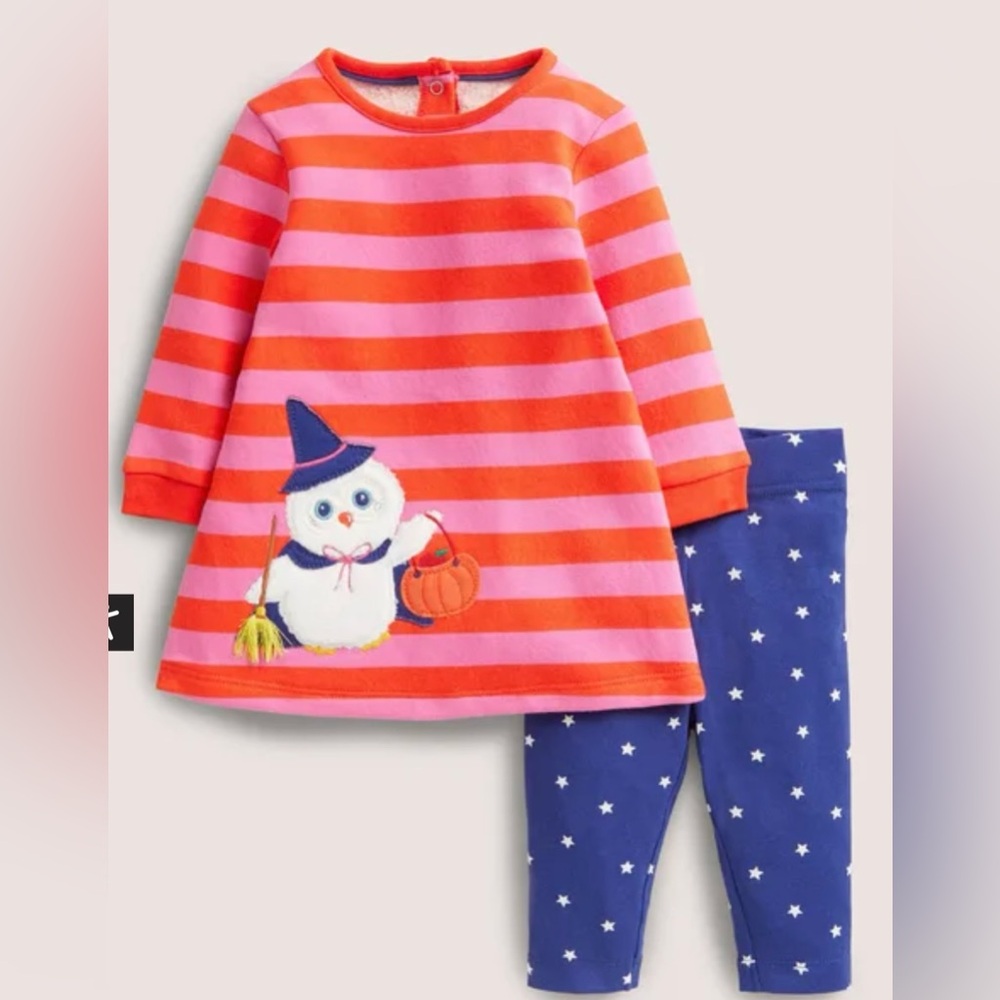 Mini Boden Halloween Owl Stripe Sweatshirt Dress Set Size 3-6M